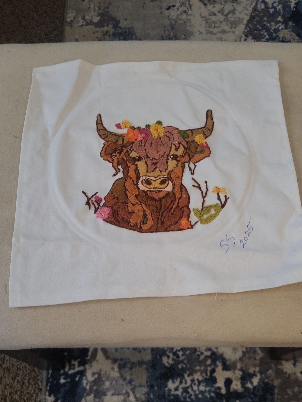 Embroidered Highland Cow Pillow Cover with Floral Accents